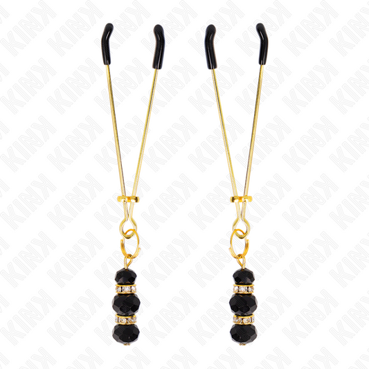 KINK - GOLD THIN NIPPLE CLAMPS WITH 3 BLACK GLASS BEADS 7 CM