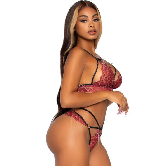 LEG AVENUE - 81623 BRA + THONG SET BURGUNDY SIZE M
